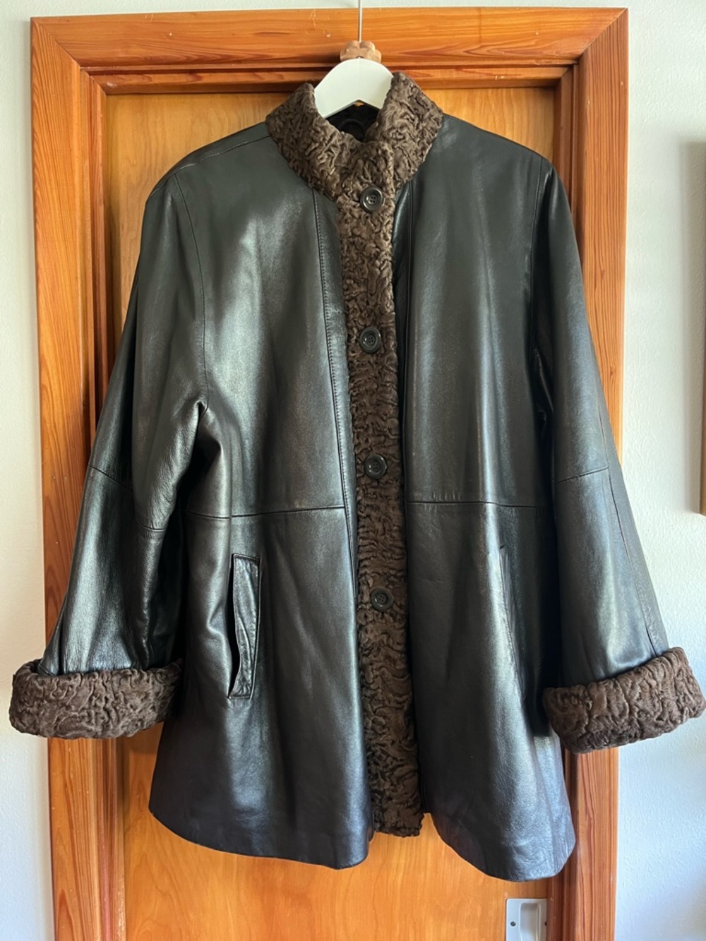 Women's Black Leather Coat with Brown Shearling Trim